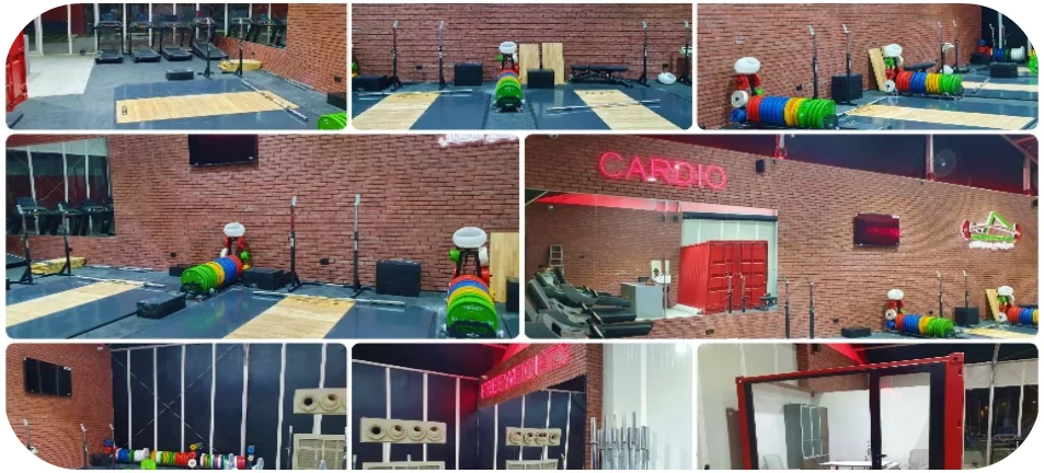 تسع لقطات للفرع الرئيسي المكتمل لنادي أبوظبي لرفع الأثقال — منصات الرفع والأثقال الملونة وقاعة الكارديو وغرفة الأوزان الحرة والمكتب الزجاجي